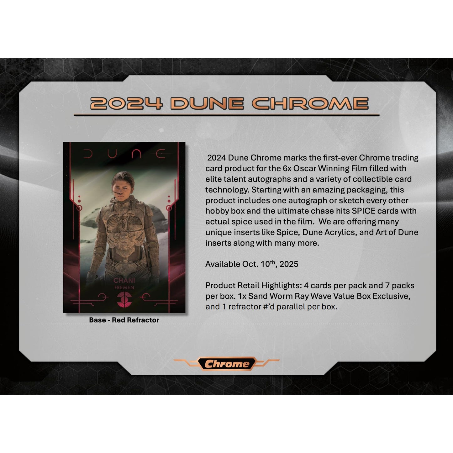 2024 Topps Dune Chrome sell sheet - Value Box configuration and Red Refractor sample