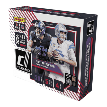 A 2024 Panini Clearly Donruss football hobby box featuring Aidan Hutchinson and Jared Goff.