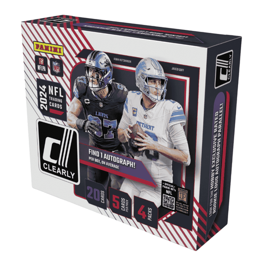 A 2024 Panini Clearly Donruss football hobby box featuring Aidan Hutchinson and Jared Goff.