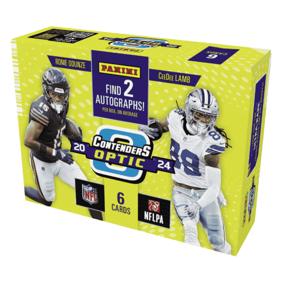A 2024 Panini Contenders Optic football hobby box featuring Rome Odunze and CeeDee Lamb.
