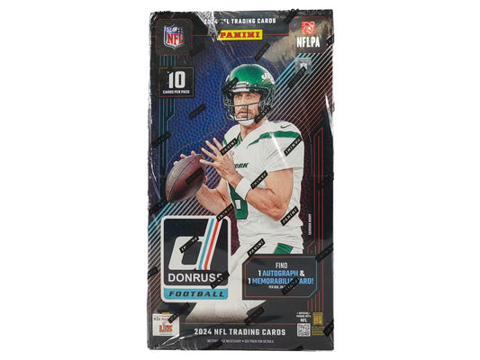 A 2024 Panini Donruss Football hobby box featuring Aaron Rodgers on the packaging.