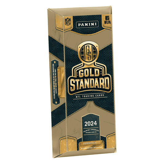 A 2024 Panini Gold Standard NFL football trading card hobby box in black and gold packaging.