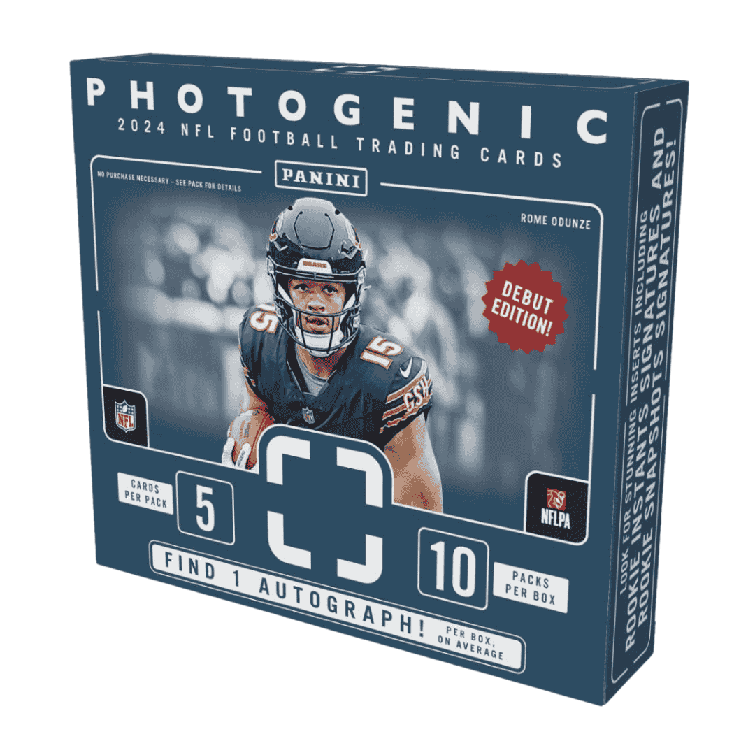 A 2024 Panini Photogenic football hobby box featuring Rome Odunze on the cover.