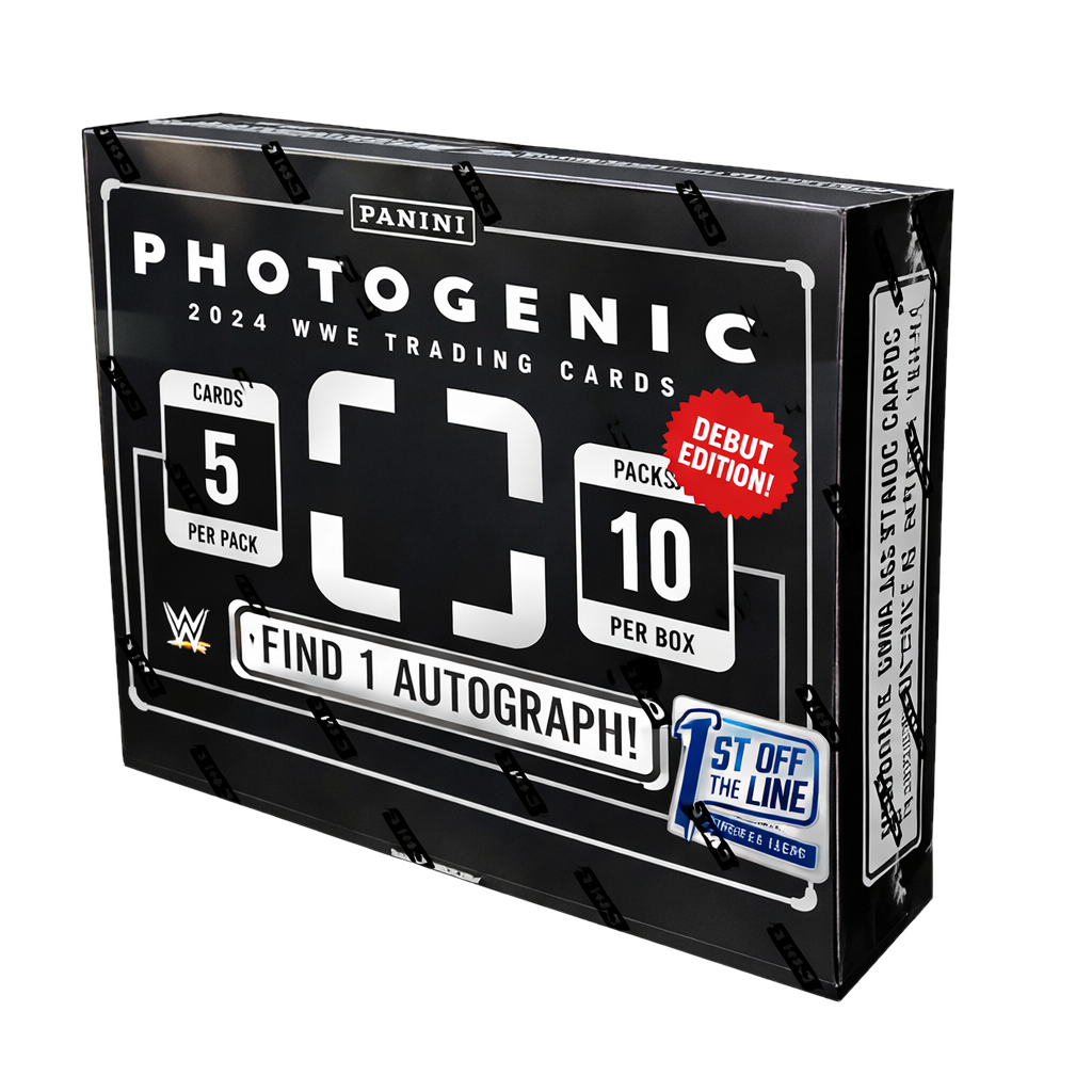 A 2024 Panini Photogenic WWE 1st Off The Line hobby box featuring ten packs of five cards.