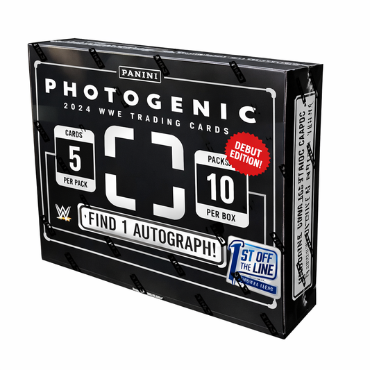 A 2024 Panini Photogenic WWE 1st Off The Line hobby box featuring ten packs of five cards.