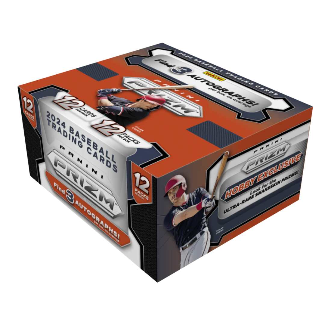 A 2024 Panini Prizm baseball hobby box featuring Dylan Crews on the packaging.