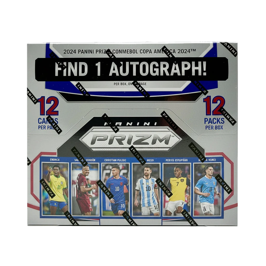 A 2024 Panini Prizm Conmebol Copa America soccer hobby box featuring twelve packs.