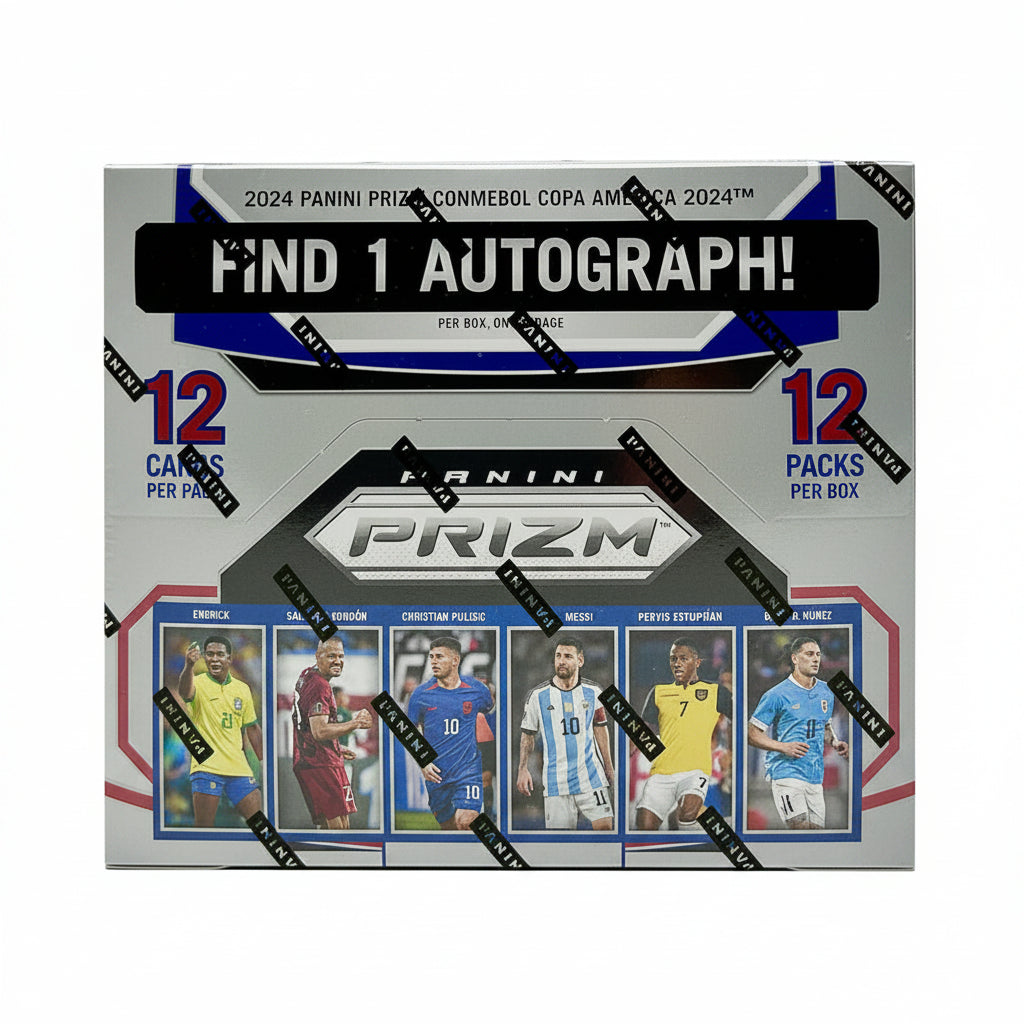 A 2024 Panini Prizm Conmebol Copa America soccer hobby box featuring twelve packs.