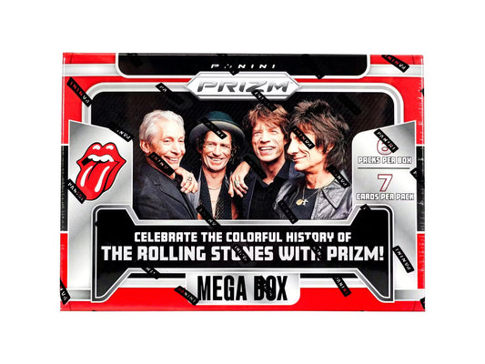 A 2024 Panini Prizm The Rolling Stones mega box featuring the band on the front.