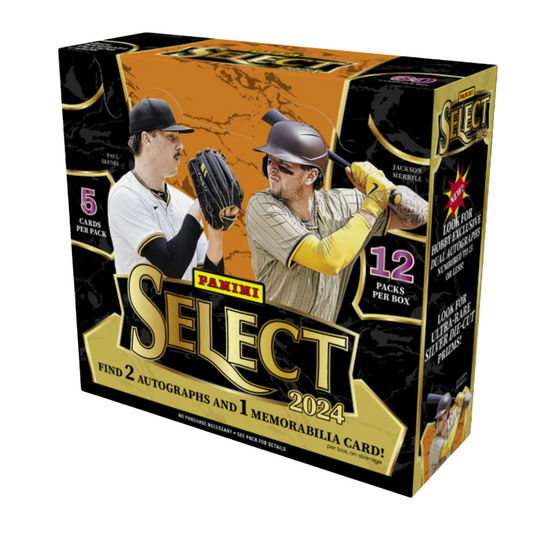 A 2024 Panini Select baseball hobby box featuring Paul Skenes and Jackson Merrill on the cover.