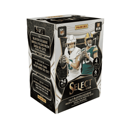 A 2024 Panini Select Football blaster box featuring images of NFL players on the packaging.