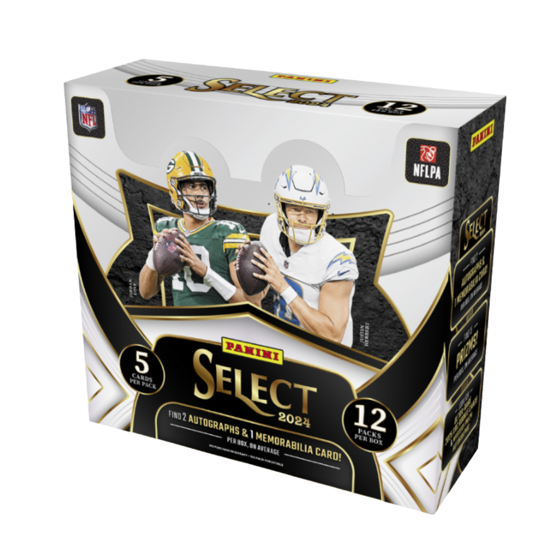 A 2024 Panini Select football hobby box featuring Jordan Love and Justin Herbert on the cover.