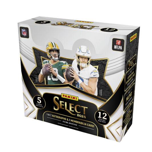 A 2024 Panini Select football hobby box featuring Jordan Love and Justin Herbert on the cover.