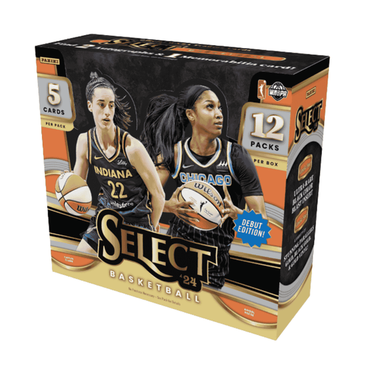 A 2024 Panini Select WNBA basketball hobby box featuring Caitlin Clark and Angel Reese.