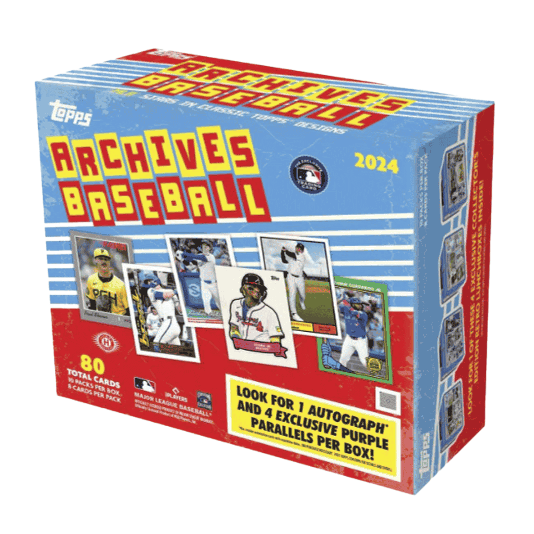 A 2024 Topps Archives Baseball collector's box featuring vintage-inspired card designs.