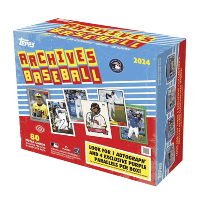A 2024 Topps Archives Baseball collector's box featuring vintage-inspired card designs.