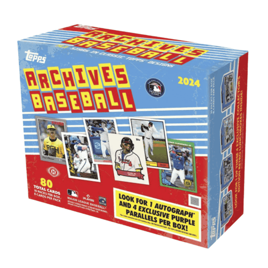 A 2024 Topps Archives Baseball collector's box featuring vintage-inspired card designs.