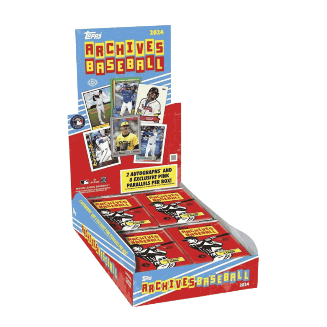 A 2024 Topps Archives Baseball hobby box containing multiple packs of trading cards.