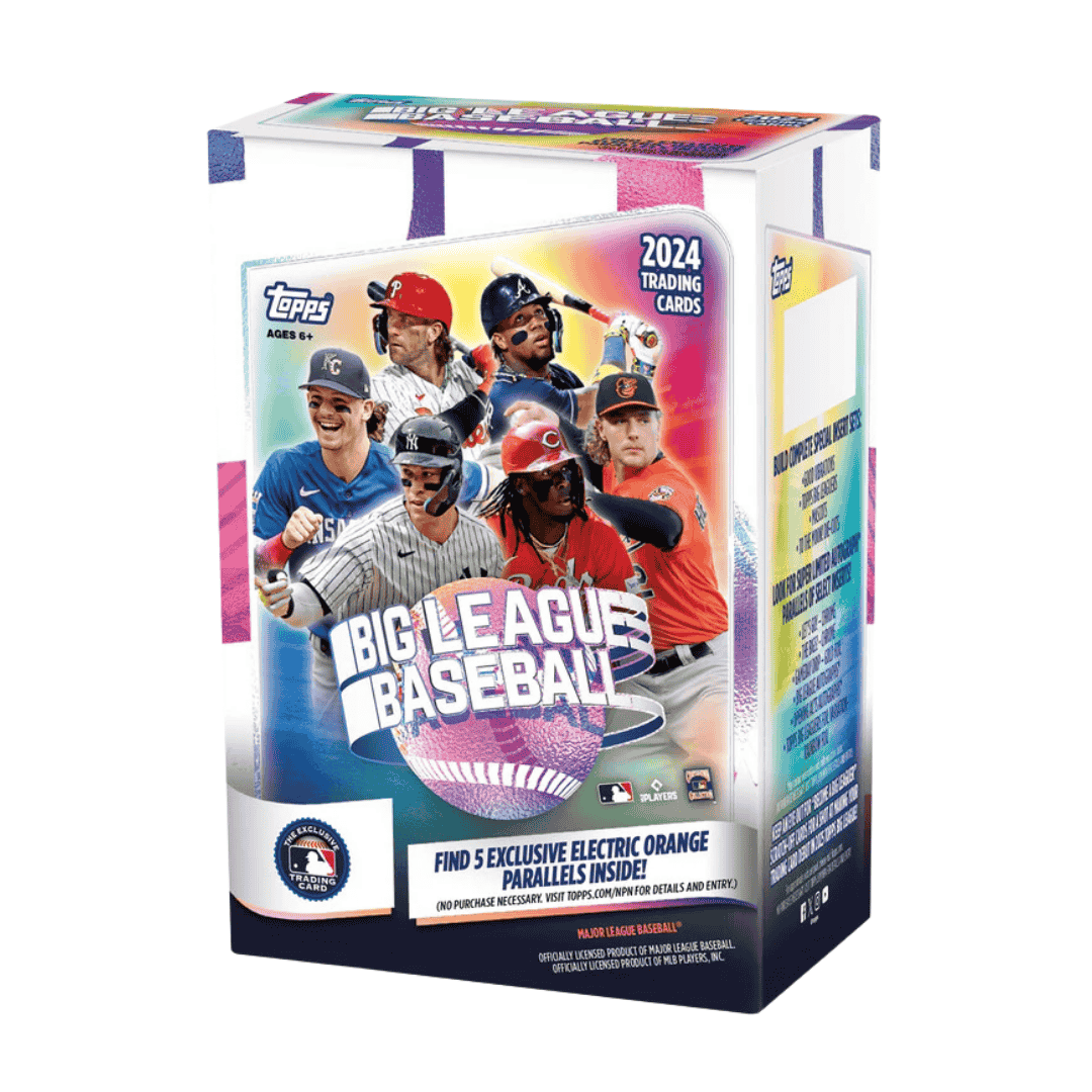 A 2024 Topps Big League Baseball blaster box featuring various MLB players on the packaging.