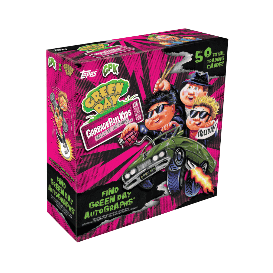 A 2024 Topps Garbage Pail Kids Green Day hobby box featuring band-themed parody artwork.