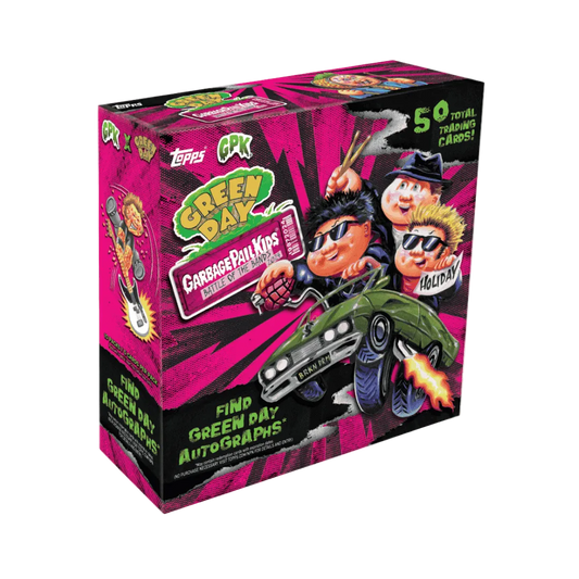 A 2024 Topps Garbage Pail Kids Green Day hobby box featuring band-themed parody artwork.