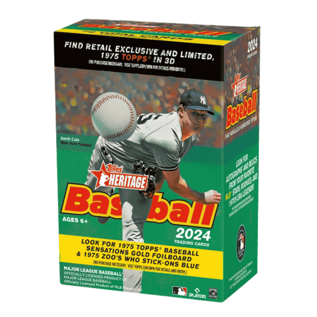 A 2024 Topps Heritage Baseball blaster box featuring Gerrit Cole on the packaging.