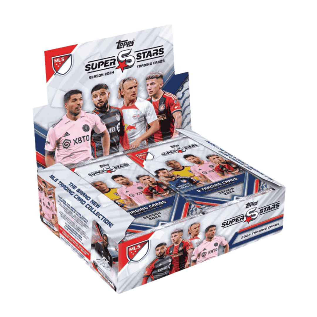 A 2024 Topps MLS Superstars soccer hobby box featuring images of professional players.