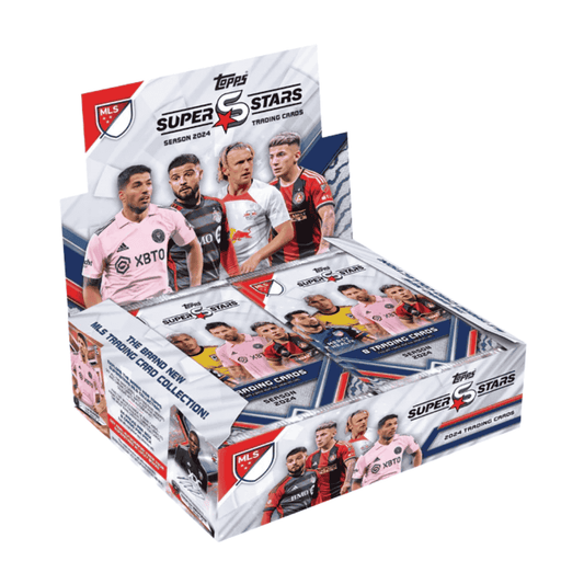 A 2024 Topps MLS Superstars soccer hobby box featuring images of professional players.