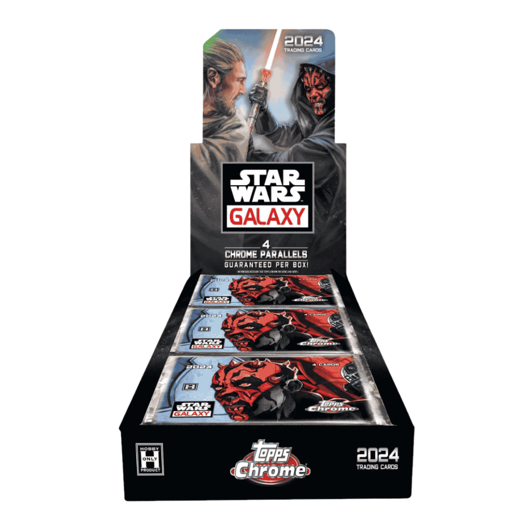 A 2024 Topps Star Wars Chrome Galaxy hobby box featuring Darth Maul and Qui-Gon Jinn artwork.