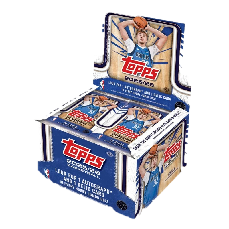 A 2025-26 Topps Basketball jumbo hobby box featuring Luka Doncic on the packaging.