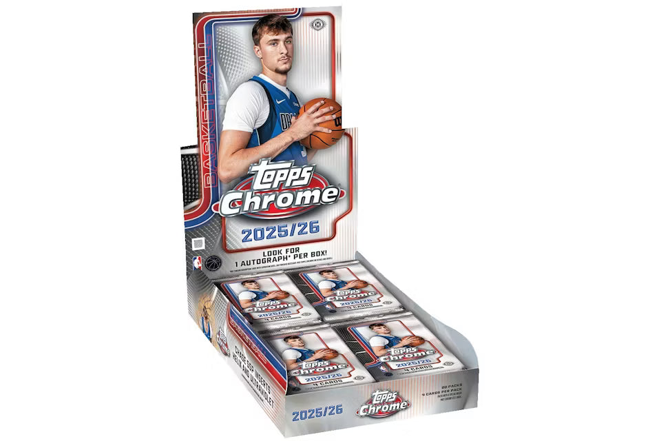 A 2025-26 Topps Chrome basketball hobby box containing twenty packs of trading cards.