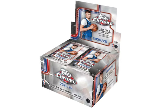 A 2025-26 Topps Chrome Basketball jumbo hobby box featuring Luka Doncic on the packaging.