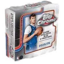 A 2025-26 Topps Chrome Basketball Mega Box featuring a player on the packaging.