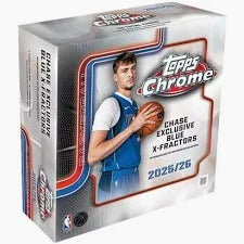 A 2025-26 Topps Chrome Basketball Mega Box featuring a player on the packaging.