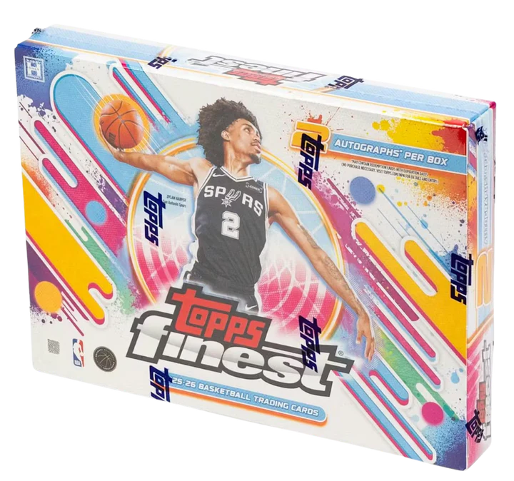 A 2025-26 Topps Finest Basketball hobby box featuring a San Antonio Spurs player on the cover.