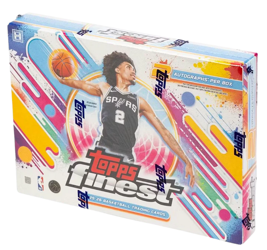 A 2025-26 Topps Finest Basketball hobby box featuring a San Antonio Spurs player on the cover.