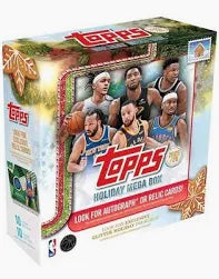 A 2025-26 Topps Holiday Basketball Mega Box featuring festive packaging and NBA player imagery.