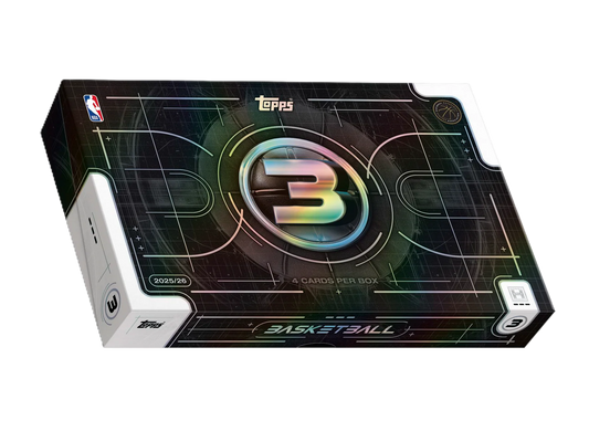 A 2025-26 Topps Three basketball hobby box featuring a holographic number three on the front.