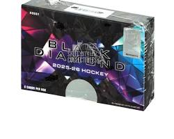 A 2025-26 Upper Deck Black Diamond hockey hobby box with a dark, geometric patterned design.