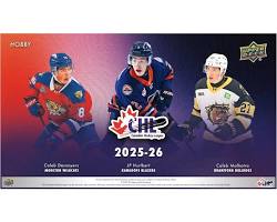 A 2025-26 Upper Deck CHL Hockey hobby box featuring three young hockey players on the cover.