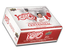 A 2025-26 Upper Deck Detroit Red Wings Centennial hockey card box set on a white background.