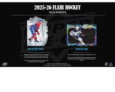 A promotional graphic for 2025-26 Flair Hockey showing two die-cut and tech-style insert cards.
