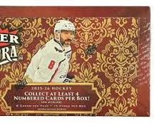 A 2025-26 Upper Deck Fleer Ultra hockey hobby box featuring a player on the packaging.