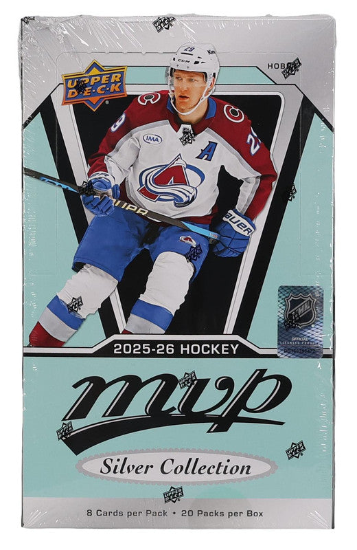 A 2025-26 Upper Deck MVP Silver Collection hockey hobby box featuring Nathan MacKinnon.