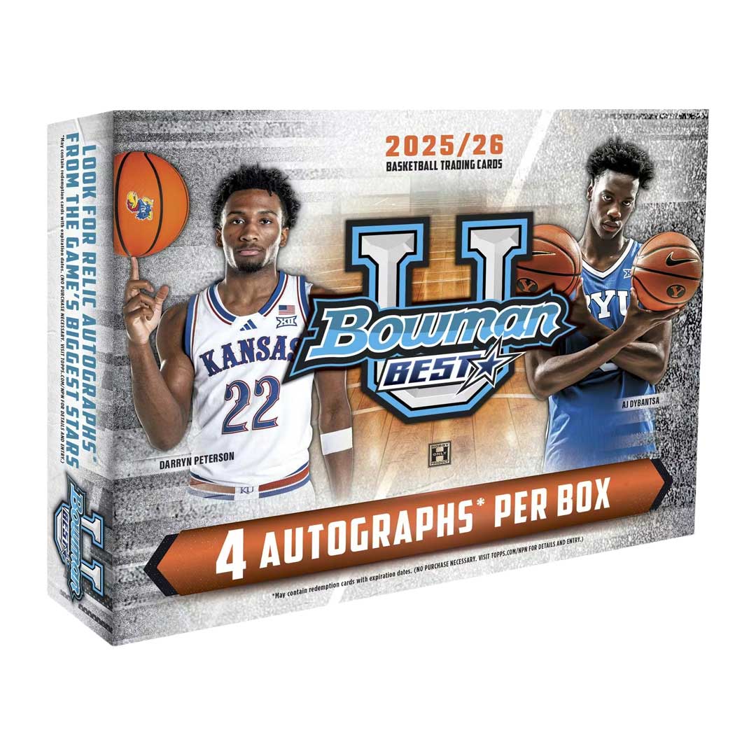 A 2025-26 Bowman University Best basketball hobby box featuring collegiate players.