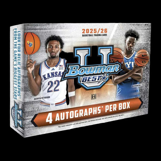 A 2025-26 Bowman University Best basketball hobby box featuring collegiate players.