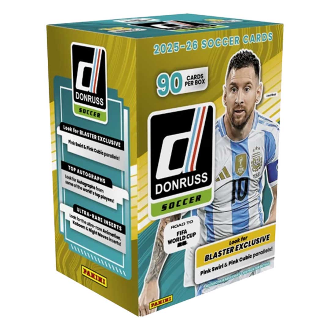A 2025-26 Panini Donruss Road to World Cup soccer blaster box featuring Lionel Messi.