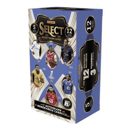 Panini Select soccer trading cards packaging with player images on a blue background
