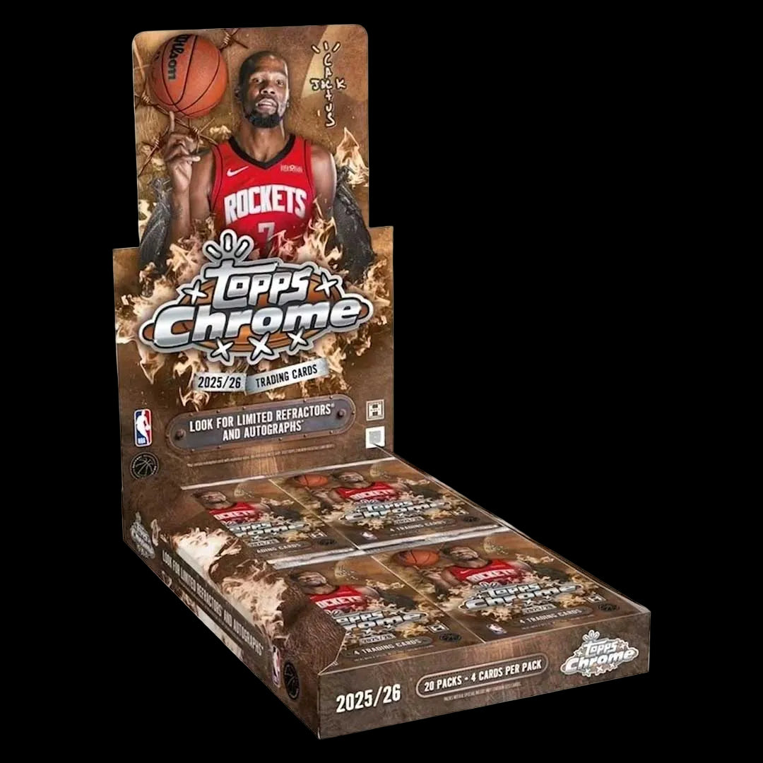 Topps Chrome trading card pack featuring a basketball player in a red jersey with a white background.