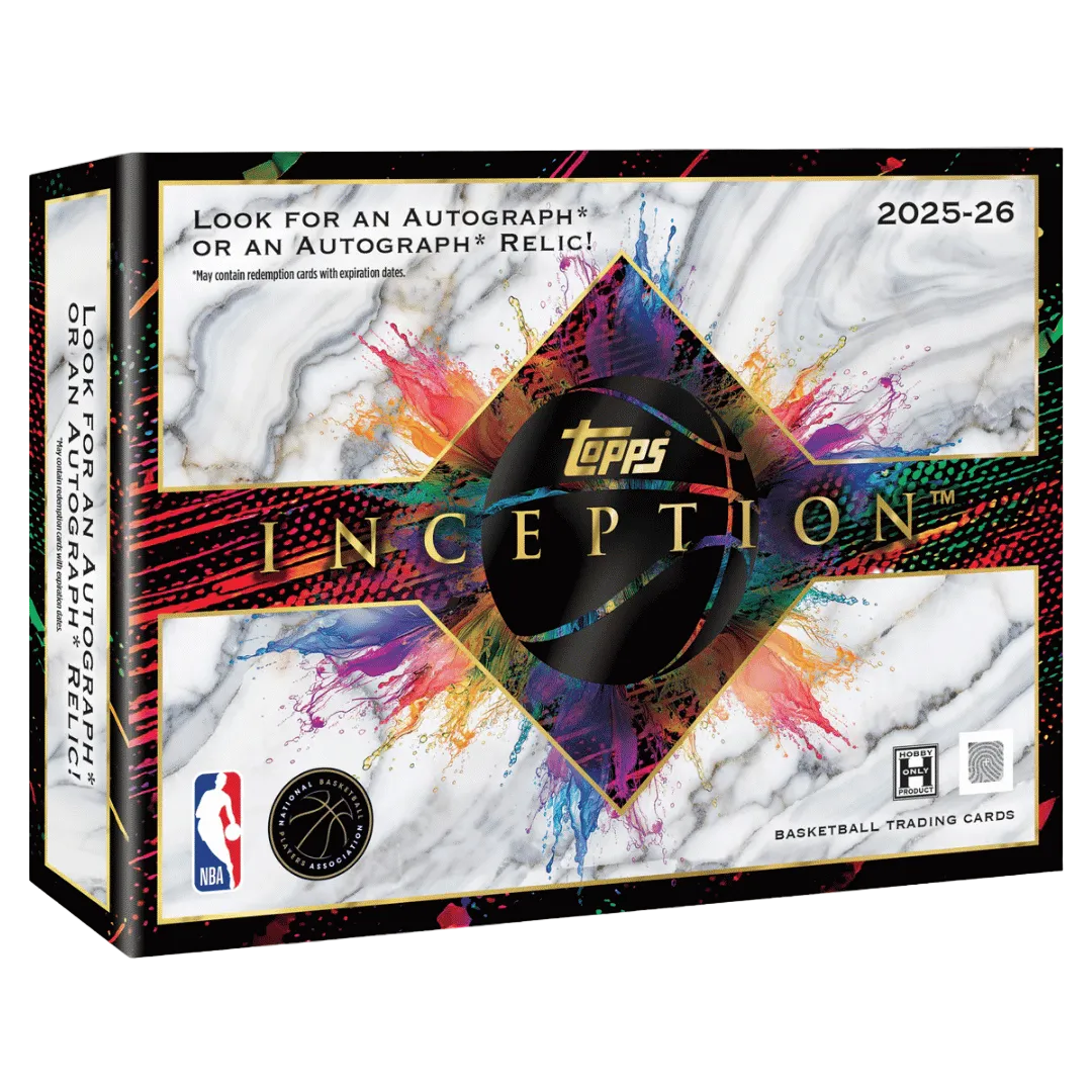 Topps Inception 2025-26 Basketball Trading Cards box, featuring a white marble background with a colorful paint splatter design, gold 'Inception' lettering, and a black central oval with the Topps logo.